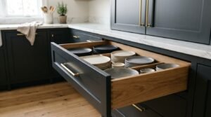 An open charcoal black kitchen base cabinet drawer revealing custom dovetail solid oak organizers stacked with ceramic plates and bowls under a marble countertop
