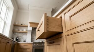 Low-angle view of an open custom white oak cabinet drawer highlighting dovetail joinery construction under a marble countertop