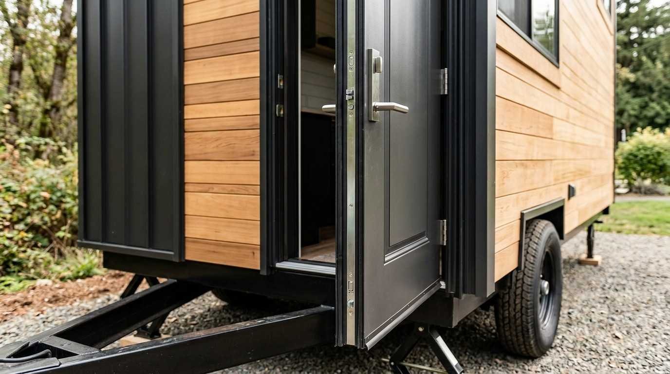 Close-up of a black entry door and sturdy trailer frame on a modern tiny house with natural wood siding, highlighting road-ready construction details.