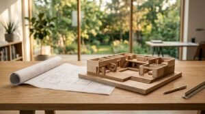 Detailed wooden scale model of a house interior layout placed next to unrolled floor plan blueprints, scale ruler, and drafting pencil on a wooden desk near large windows