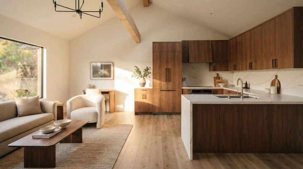 An open-concept ADU interior featuring a modern walnut kitchen with a waterfall quartz island, adjacent living room with neutral boucle seating, and a vaulted ceiling with an exposed wood beam