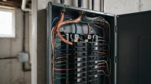 Open main electrical service panel mounted on a concrete foundation wall, featuring cleanly routed thick copper service entry cables, circuit breakers, and colored branch wiring.