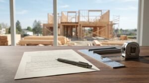 Construction contract document with a pen, square ruler, and tape measure on a wooden desk overlooking a wood-frame house project through a large window