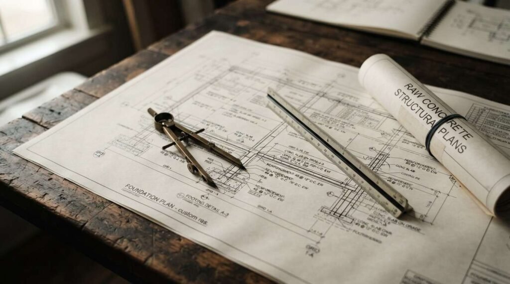 Structural engineering foundation plan blueprint with a brass drafting compass, scale ruler, and rolled raw concrete structural plans on a rustic wooden desk