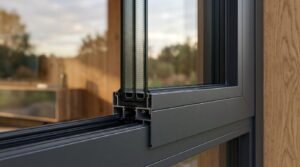Cross-section corner of an energy-efficient window showing a triple-pane glass unit, warm-edge spacer bars, and multi-chambered aluminum frame profile
