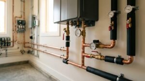 Wall-mounted tankless water heater installation with insulated copper piping, brass shut-off valves, and temperature and pressure gauges in a utility room
