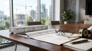 Open architectural blueprints on a wooden conference table with safety glasses, tape measure, and notebook overlooking an active construction site