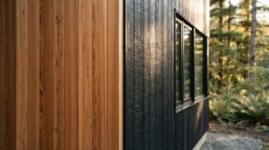 Close-up of modern home exterior featuring vertical natural cedar siding juxtaposed with charred black shou sugi ban wood cladding