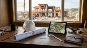 Rolled architectural blueprint tied with twine and a white hard hat next to a digital tablet displaying a 3D site map on a wooden desk overlooking custom home framing