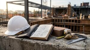 A white hard hat, open technical sketch notebook, tape measure, brass plumb bob, and metal ruler resting on a concrete ledge at an active construction site