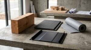 Sustainable building material samples including a solid timber block, textured siding board, black standing seam metal roof panel, and a roll of weather-resistive barrier membrane on a concrete workbench