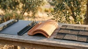 A comparison of roofing material samples arranged side by side on an outdoor wooden table, featuring matte black standing seam metal roofing, curved terracotta clay barrel tiles, and charcoal architectural asphalt shingles