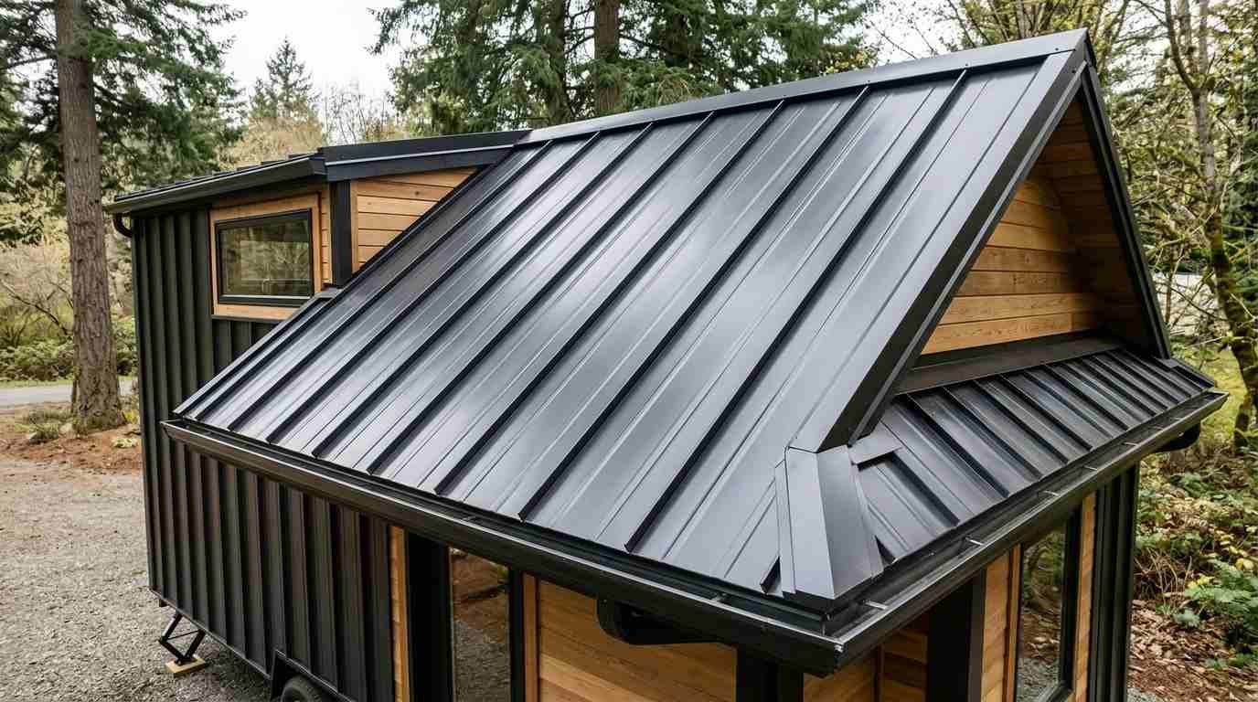 Standing seam metal roofing on a modern tiny house with a steep pitched roof, black metal trim, and natural wood siding in a wooded setting.