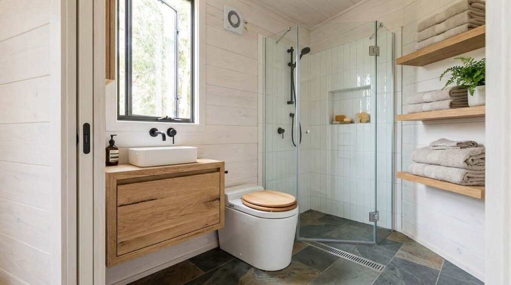 Tiny house bathroom with a glass-enclosed shower, floating wood vanity, compact toilet, and space-saving open shelving.