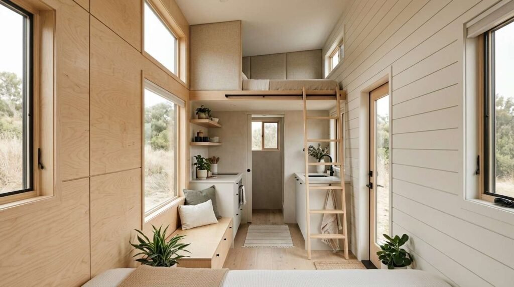 Tiny house interior with light wood wall paneling, white shiplap walls, large windows, and a space-saving loft bed with ladder.