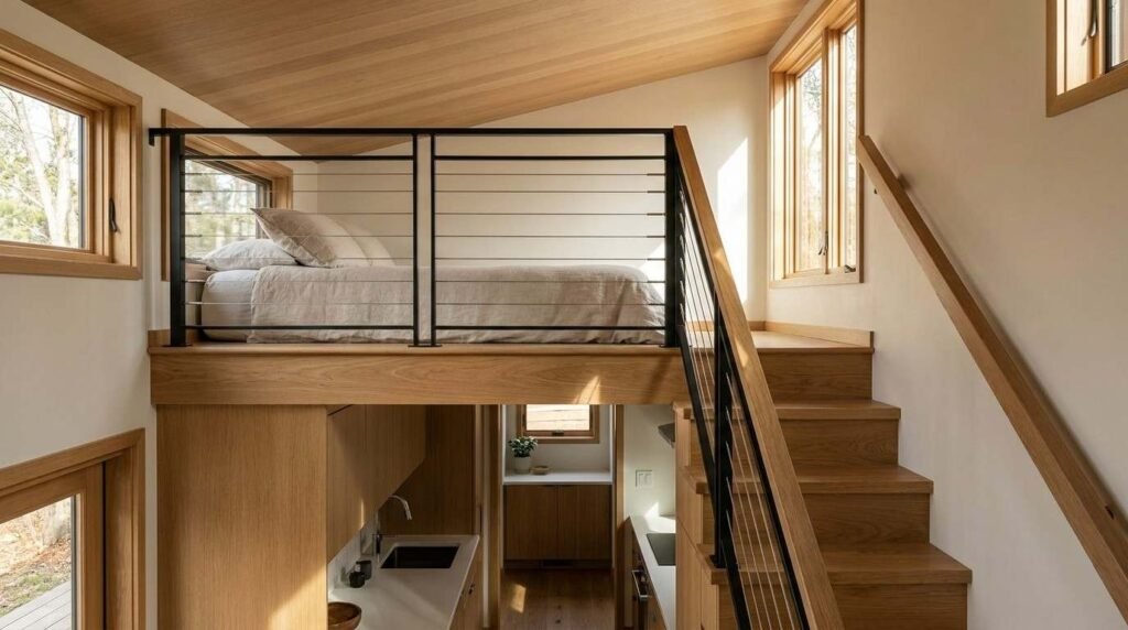 Tiny house loft bedroom with a raised bed, wooden staircase, black metal railing, and compact kitchen below.