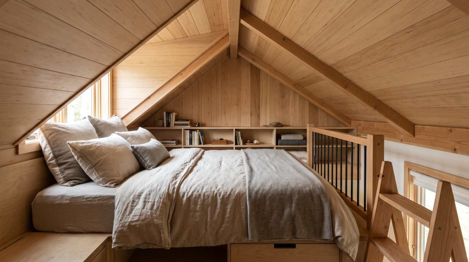 Cozy tiny house loft bedroom with a low-pitched wooden ceiling, built-in bookshelves, neutral bedding, and a wooden safety railing.