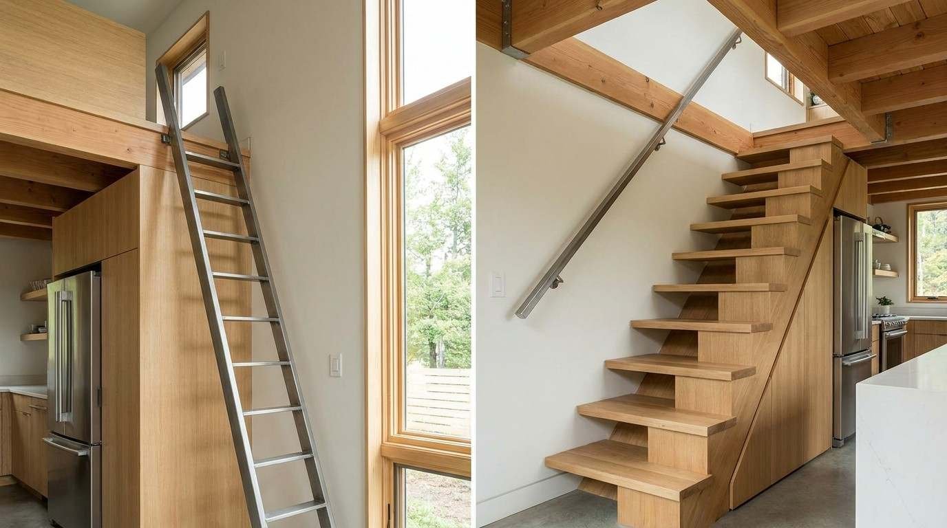 Tiny house loft ladder and staircase comparison featuring a metal ladder and wooden space-saving stairs.