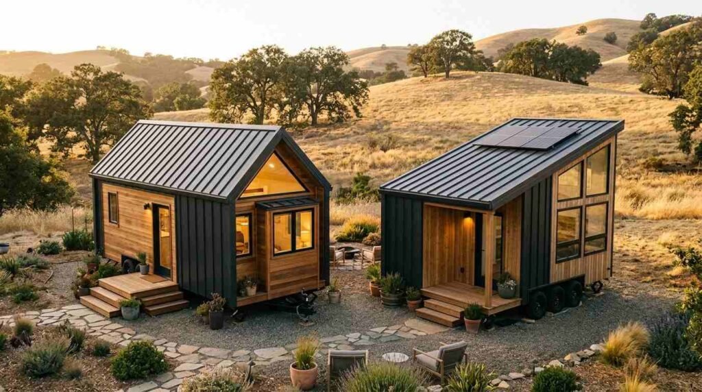 Two modern tiny houses with contrasting gable and shed roof designs, metal roofing, wood siding, and solar panels in a scenic countryside setting.