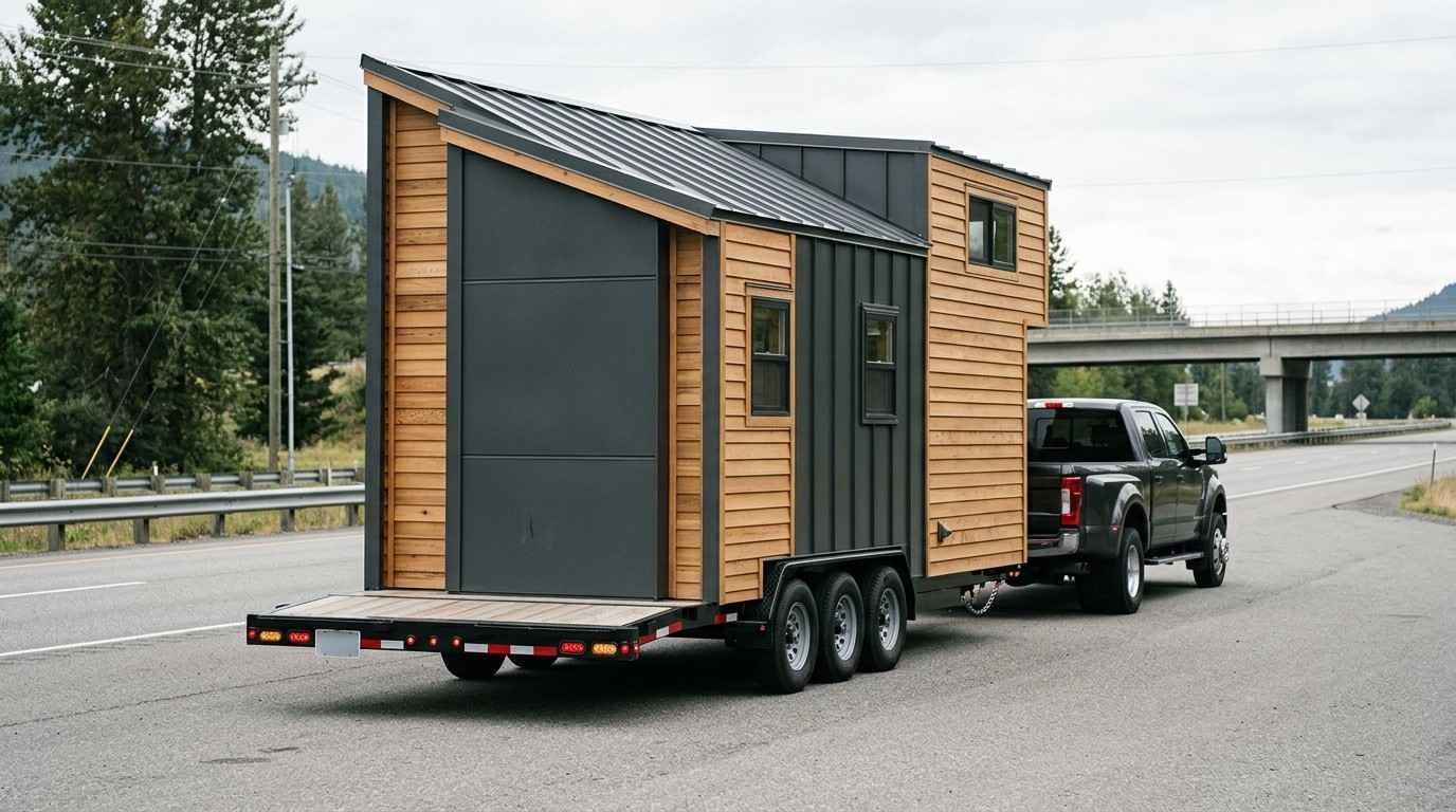 Pickup truck towing a tiny house on a triple-axle trailer along a highway, showing the rear trailer platform, road lights, and wood-and-metal exterior.