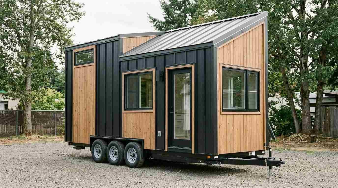 Modern tiny house on wheels featuring a sloped metal roof, black vertical siding, natural wood accents, and strategically placed windows for natural light.