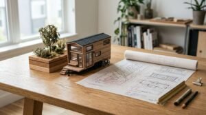 Architectural scale model of a modern mobile tiny house on wheels set on a wooden desk alongside detailed floor plans, landscaping greenery, and drafting tools