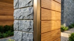 Close-up architectural corner detail showing the transition between split-face grey stone masonry and horizontal wood siding separated by brushed metal corner trim