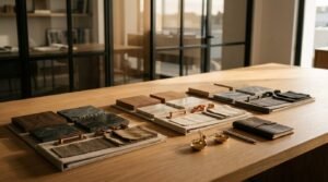 Wooden design studio table featuring organized project trays displaying wood, stone, marble, hardware, and fabric swatches alongside a leather notebook and a brass scale in a modern office.