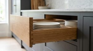 Open solid oak dovetail drawer with built-in wooden organizers holding ceramic plates and bowls in dark grey kitchen cabinets