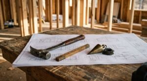 Architectural framing blueprint set on a wooden workbench with a leather-handled hammer, brass plumb bob, and folding wooden ruler on a building construction site