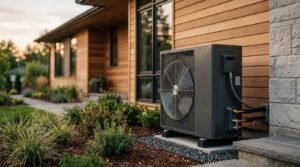 Modern dark grey outdoor heat pump condenser unit installed on a gravel pad against a contemporary home exterior with wood siding, stone accents, and landscaping.