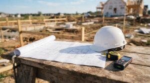 Architectural blueprints clamped to a rustic wooden sawhorse workbench next to a white hard hat, tape measure, and digital laser measure on an active residential construction site