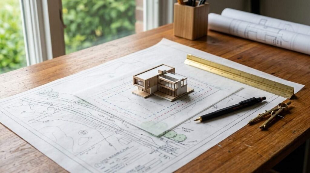 Miniature modern house scale model placed on a site plan overlay with a brass scale ruler, drafting pencil, compass, and rolled blueprints on a wooden desk near a window