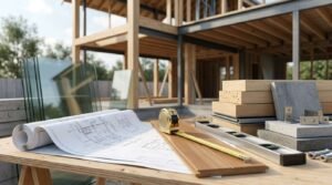 Construction site table with architectural blueprints, tape measure, spirit level, glass panes, and wood flooring samples in front of a house under timber frame construction
