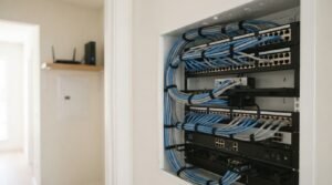 Organized bundle of blue and grey ethernet patch cables neatly routed and connected to patch panels inside a wall-mounted network rack cabinet in a modern home.