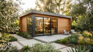 Modern detached ADU with horizontal wood cladding, black metal trim, concrete patio pavers, and succulent landscaping