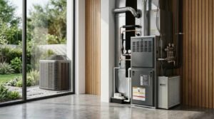 Modern indoor HVAC furnace and air handler unit connected to sheet metal ductwork and copper refrigerant lines, with an outdoor condenser unit visible through a large glass window in a contemporary home.
