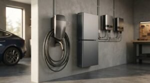 Wall-mounted electric vehicle charger with coiled charging cable installed on a concrete garage wall next to home battery storage units and inverters