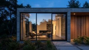 Modern minimalist home exterior at dusk featuring board-formed concrete walls, large glass sliding doors revealing a glowing living room, and warm wood siding
