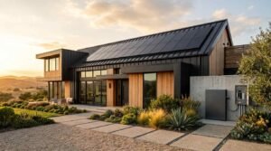 Modern sustainable home exterior with dark standing seam metal roofing, rooftop solar panels, wood siding, concrete accent wall, home battery storage system, and drought-tolerant landscaping at sunset
