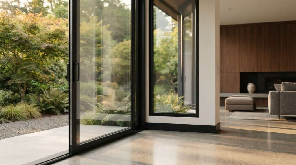 Large black-framed sliding glass doors and polished concrete floors opening up to a lush green outdoor garden patio