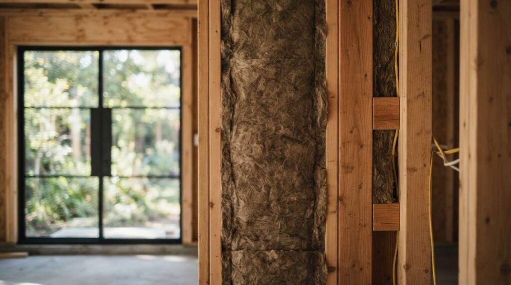 Mineral wool insulation batt installed inside wood wall stud framing alongside electrical wiring during residential house construction