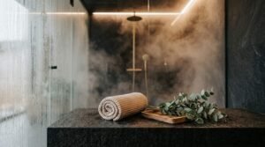Modern steam shower with dark stone tiles, overhead rain shower head, rolled waffle towel, and eucalyptus bundle on a stone bench