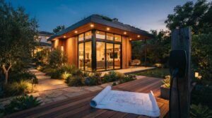 Modern detached accessory dwelling unit (ADU) in a landscaped backyard at twilight with floor-to-ceiling glass doors, a green roof, and an architectural blueprint on a wooden table near an EV charger