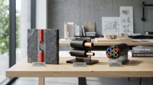 Architectural MEP material display featuring radiant heating PEX-A in slate substrate, insulated copper HVAC refrigerant lines, and fiber optic microduct bundle samples on a wooden desk