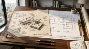 Hand-drawn architectural concept sketch overlaid on a floor plan blueprint titled "The Riverfront Pavilion" on a walnut desk with drafting tools and an architect mug