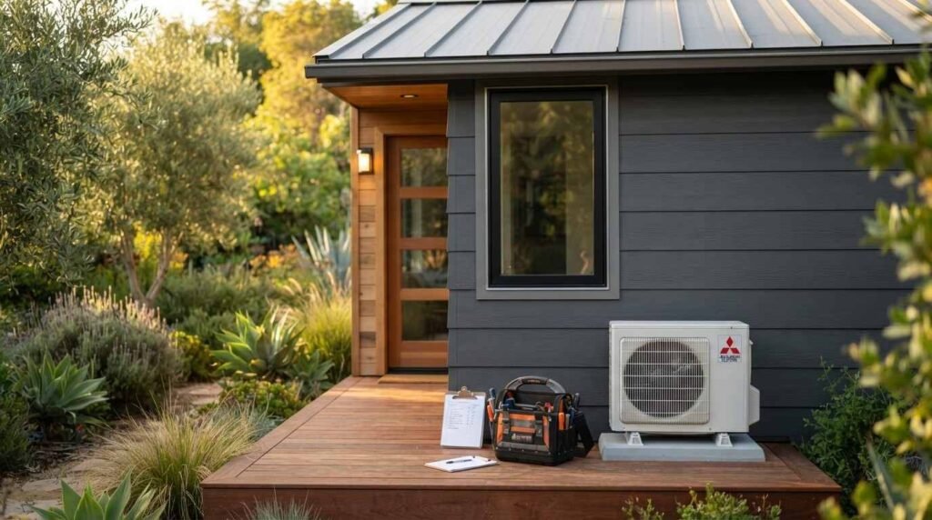 A technician's tool bag and inspection clipboards resting on a redwood deck beside an outdoor mini-split heat pump unit outside a modern dark gray ADU cottage surrounded by garden landscaping