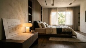 Modern bedroom with a low wood platform bed, slatted wood headboard wall, textured plaster finish, and architectural blueprints on a bedside console next to a glowing table lamp