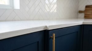 A close-up of a white marble-look quartz countertop with a custom stepped edge transition above navy blue shaker cabinets with knurled brass hardware and a white herringbone tile backsplash