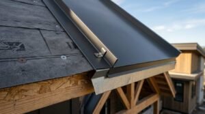 Standing seam metal roofing assembly showing dark panel clip fastener, synthetic underlayment membrane, drip edge flashing, and OSB decking board